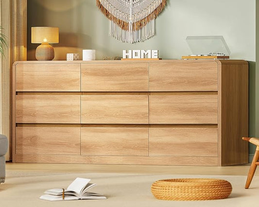 TEENFON 9 Drawer Dresser for Bedroom, 63" Wide Dressers & Chest of Drawers with Curved Profile Design, Wood Closet Storage Dressers Organizer for Bedroom, Living Room, Natural