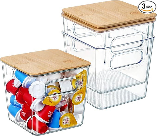 Qilinba 3 PACK Coffee Pod Holder K Cup Organizer Large Capacity Clear Storage Container Bins with Bamboo Lids for Coffee Bar Organization and Storage