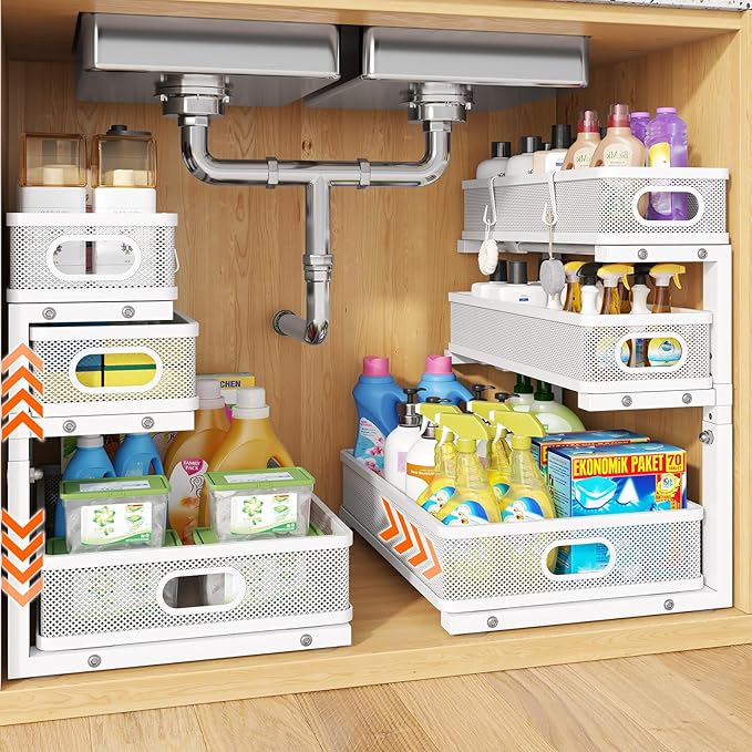 Under Sink Organizer, 2-Pack 3-Tier White Metal Pull Out Cabinet Organizer, Slide Out Under Sink Storage Drawers, Under The Sink Organization and Storage Shelf for Kitchen Bathroom Pantry Laundry Room