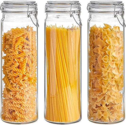 ComSaf 3-Pack 68oz 13-Inch Tall Glass Pasta Containers for Spaghetti & Long Pasta, Slender Airtight Canisters for Vertical Pantry Organization, Food Storage Jars for Linguine & Breadsticks