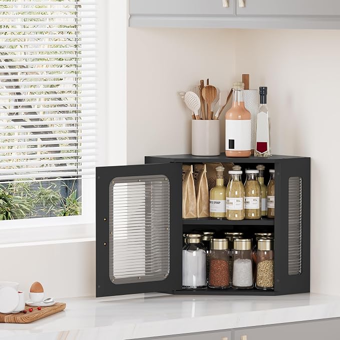 TQVAI Bread Box for Kitchen Countertop Large Corner Bread Loaf Storage Container Double Layer Wooden Bread Boxes Bin Farmhouse Pantry Shelf with Acrylic Window, Black