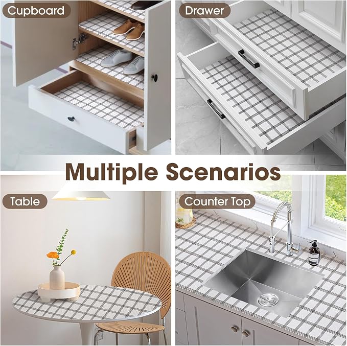 Drawer and Shelf Liner, Non-Slip Kitchen Cabinet Liners Non-Adhesive Thick Strong Grip Waterproof Washable Mats Protect Dresser Shelves Cupboard Bathroom Cabinets, White Stripes, 18IN X 10FT