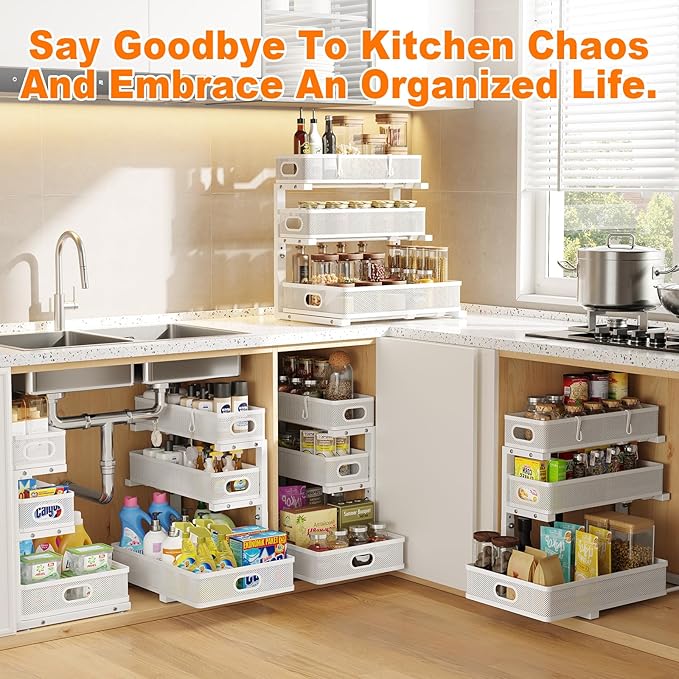Under Sink Organizer, 2-Pack 3-Tier White Metal Pull Out Cabinet Organizer, Slide Out Under Sink Storage Drawers, Under The Sink Organization and Storage Shelf for Kitchen Bathroom Pantry Laundry Room