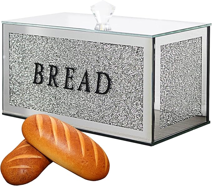 Large Crystal Glass Bread Container Box with Lid, 12.2" L x 6.3" W x 7.9" H Silver Homemade Bread Storage, Crushed Diamond Home Decor, Keep Bread Fresh Clean, Bread Bin for Kitchen Countertop