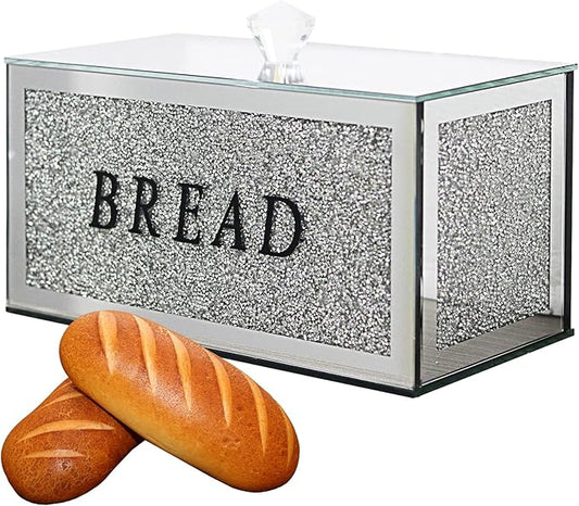 Large Crystal Glass Bread Container Box with Lid, 12.2" L x 6.3" W x 7.9" H Silver Homemade Bread Storage, Crushed Diamond Home Decor, Keep Bread Fresh Clean, Bread Bin for Kitchen Countertop