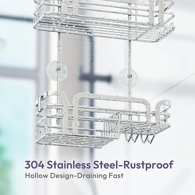SWTYMIKI Shower Caddy Hanging Organizer - Over the Door Shower Caddy with Soap Holder, 11 Hooks, 2 Installation Ways, Stainless Steel Rustproof Bathroom Organizer, Silver
