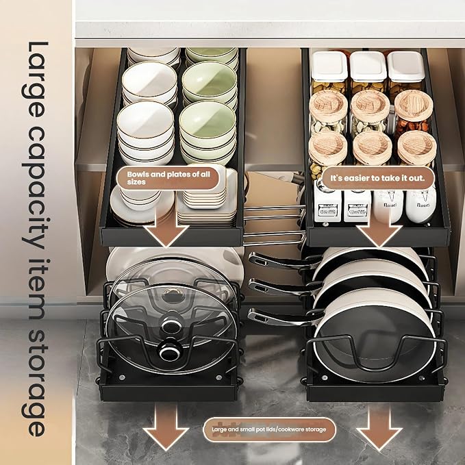 Pull out drawers Pots and Pans Organizer With M-Shaped Vertical Slots Under Cabinet，Slide Out inside Cabinet Storage for Pot Lid Holder And Spoon Rest,Dishes,7 Adjustable Dividers(Black,"M"Style)