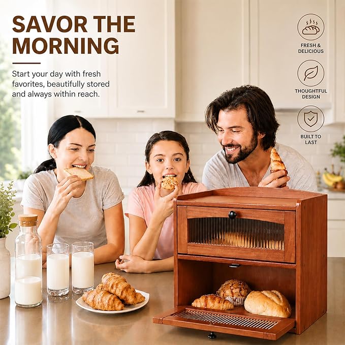 Bread box for Kitchen Countertop Double Layer Large, Solid Wooden Farmhouse Bread Storage Container with Acrylic Window, Bread Holder Organizer Bin for Homemade Bread and Pantry(Teak)