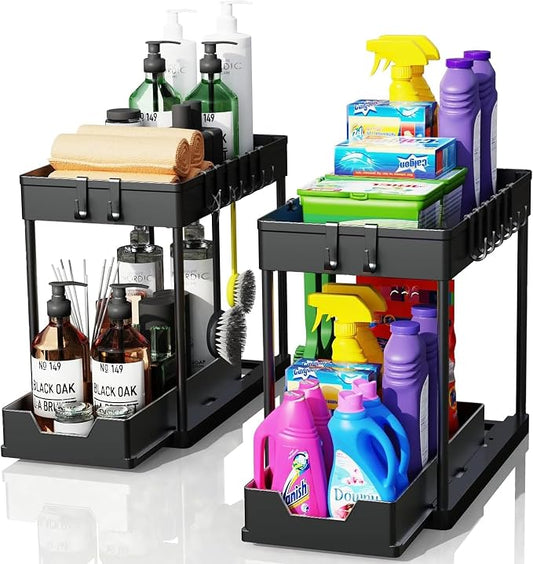 2 Pack Under Sink Organizer, Kitchen and Bathroom Under Sink Organizers and Storage with Pull out Bottom Drawer, Strong Built More Storage Multi-Purpose Organizer with Cups and Hooks