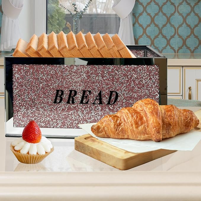 Large Crystal Glass Bread Container Box with Lid, 12.2" L x 6.3" W x 7.9" H Homemade Bread Storage, Crushed Diamond Home Decor, Keep Bread Fresh Clean, Bread Bin for Kitchen Countertop (Pink)
