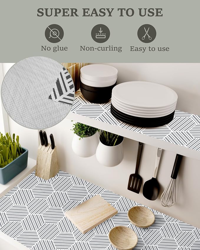 Shelf Liner Drawer Liner for Kitchen Cabinet Non-Adhesive Cabinet Liners Thickened Slip Resistant Waterproof Shelf Paper Protect Cupboard Dresser Shelves, Gray Hexagonal Geometric Stripe 11.8In x 10FT