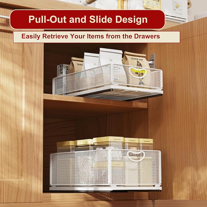 Pull Out Drawers for Cabinets Stackable or Single, Pull Out Cabinet Organizer Adhesive, Cabinet Drawers Slide Out, Extra Rails, for Sink Pantry Shelve