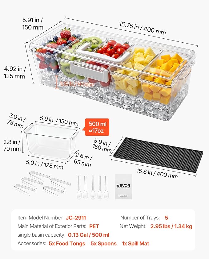 VEVOR Chilled Condiment Server Caddy, 5 Compartment Ice Cooled Serving Container, Plastic Fruit Garnish Tray Platter with Lid, for Taco Salad Bar Accessories, Party Home Restaurant Supplies