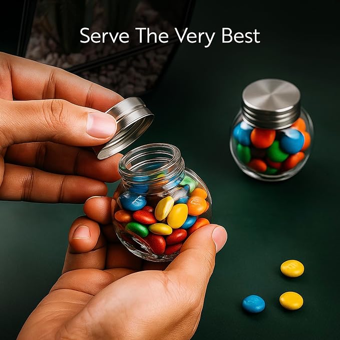Restaurantware Vetri 2 Ounce Mini Favor Jars 100 Durable Candy Jars - With Wide Spout Chrome Lid Clear Glass Candy Jars Dishwashable