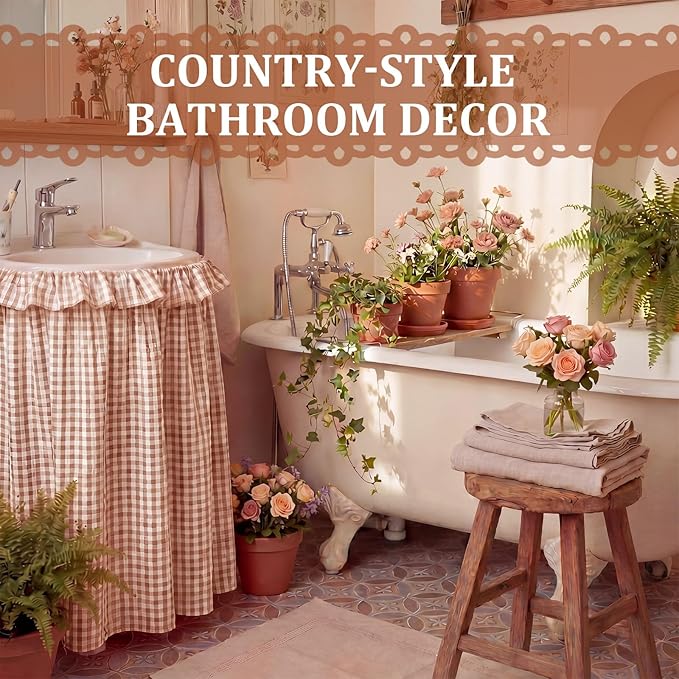 Brown Ruffle Gingham Sink Skirt Self-Adhesive Bathroom Stitch Self Stick Adhesive Fabric Under Sink Curtain Skirt 55'' x 32'' for Bathroom Kitchen Laundry Utility Room Decor