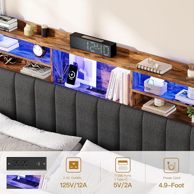 TEENFON Queen Bed Frame with Headboard and 4 Drawers Storage, Bed Frame Queen Size Built in LED Lights and Charging Station, Sturdy & Noise-Free Upholstered Platform Metal Support Bed, Dark Grey