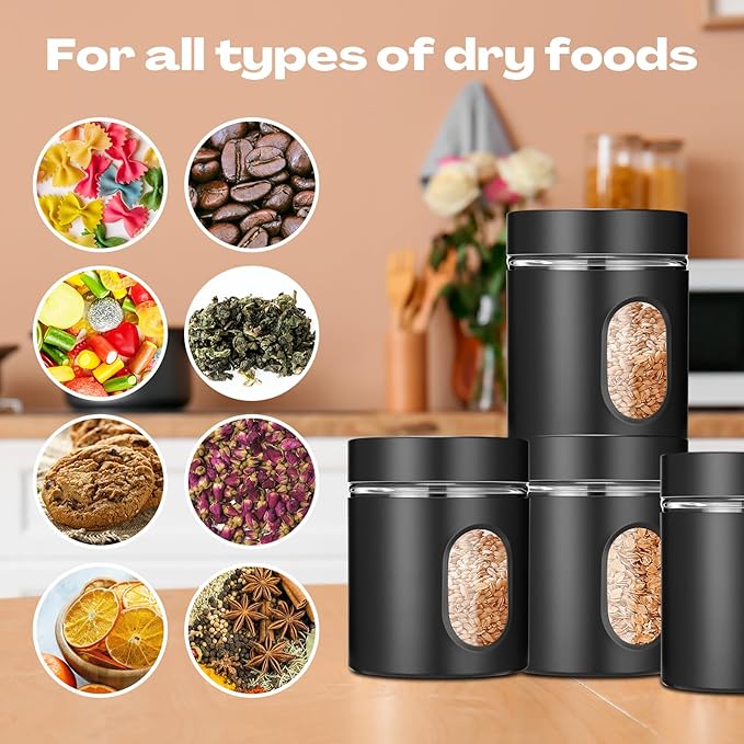 Mimorou 3 Pcs Stainless Steel Canister Set with Glass Windows Visible Storage Jars Silver Kitchen Canister Set for Pasta Flour Oat Sugar Container, Kitchen Tools, Housewarming Gifts (Black,20 oz)