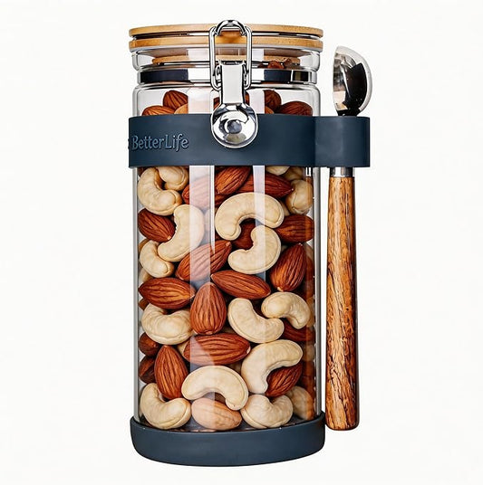 KKC 1.5-Quart Large Glass Nuts Storage Container, Airtight Food Storage Jar with Bamboo Lid & Scoop, Keeps Nuts Crunchy & Fresh, Perfect for Pantry Organization & Storing Nuts, Almonds, Peanuts