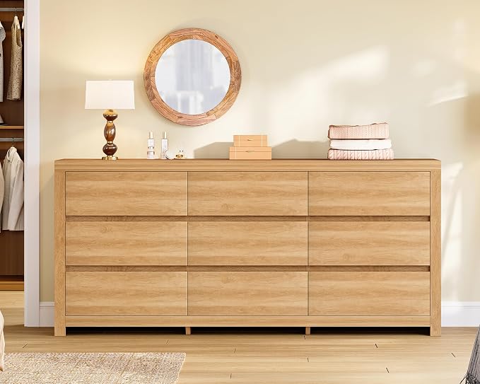 TEENFON 63" Dresser for Bedroom with 9 Drawers, Modern Dressers & Chests of Drawers with Metal Handles, Wooden Dresser TV Stand, Bedroom Dressers, for Bedroom, Hallway, Natural