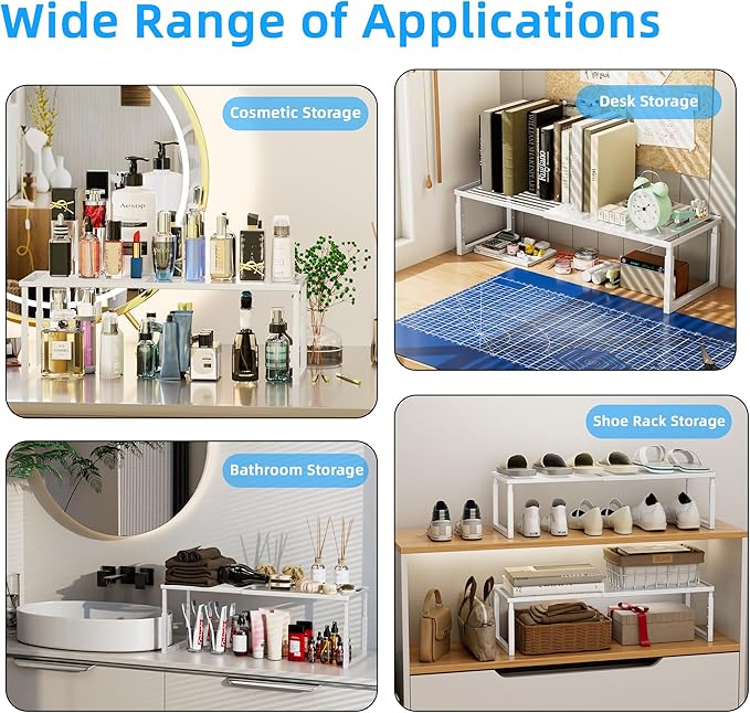 Shelf Organizer Stackable 2 Pack: Expandable (15.8"-25.5") Spice Rack Height Adjustable(6.2"/7.3"/8.5") Kitchen Organizer Countertop Metal Shelves for Pantry Storage White