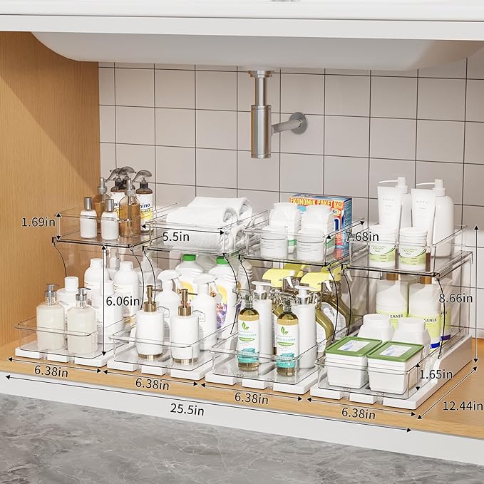 Jsyrjing Pull Out Spice Rack, 2 Tier Clear Cabinet Organizer for Kitchen and Bathroom Storage, Rotating Pantry Organizer and Makeup Organizer for Drawer, Durable Design, 2 Pack Under Sink Organizer