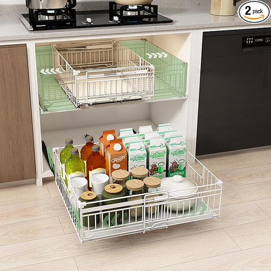 NETEL 2 Pack Expandable Pull Out Cabinet Organizer, Raised 6.69" guardrail, Adjustable Width 13"-20.07", 3 Rails No Drill Adhesive Peel And Stick, Adhesive Pull Out Drawers for Cabinets, White