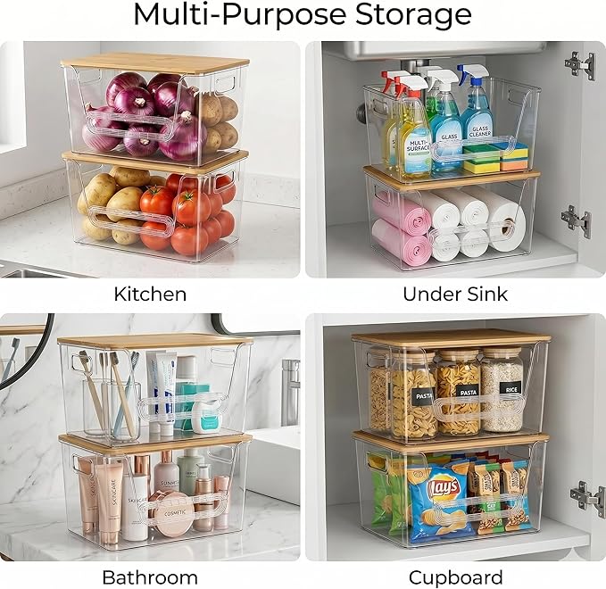 2 Pack Pantry Organizer and Storage with Bamboo Lid, Stackable Trash Bag Dispenser Under Sink Organizer for 4-33 Gal Bags, Pantry Organizers Storage for Onion, Potato, Fruit, Vegetable, Snack
