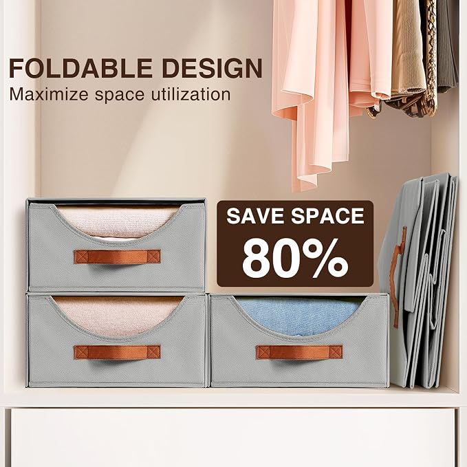 Homsorout Large Closet Organizers - Closet Storage Drawers for Clothes, Fabric Sotrage Bins with Handle, Collapsible Organizer Bins for Bedroom, Living Room, 4 Pack, Gray