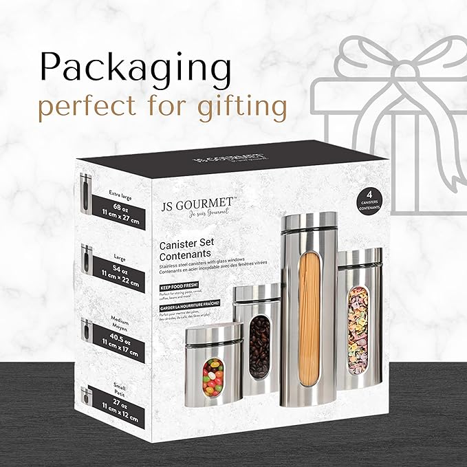 JS Gourmet 4 Pcs Stainless Steel Canisters Set for Kitchen with Glass Window and Airtight Lid, Perfect for Storing Coffee, Spaghetti, Sugar, Beans and Dry Ingredients (Silver)