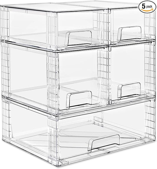 Sorbus Stackable Clear Storage Drawers, 5 Pack (1 Wide + 2 Medium + 2 Small) Pull-Out Organizer Bins – Plastic Drawer Organizers for Bathroom, Vanity, Makeup, Under Sink & Countertop Organization