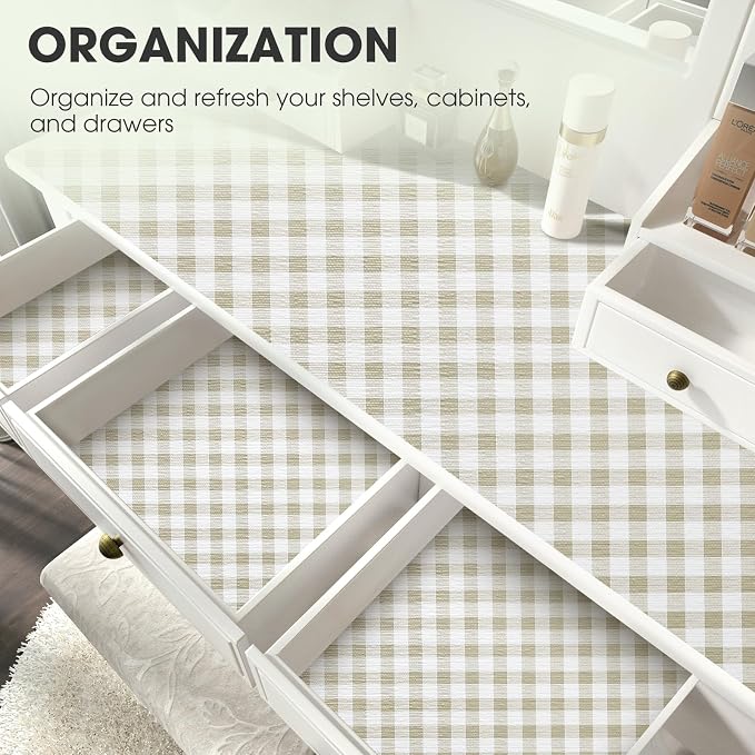 Drawer and Shelf Liner, Non-Slip Kitchen Cabinet Liners Non-Adhesive Thick Strong Grip Waterproof Washable Mats Protect Dresser Shelves Cupboard Bathroom Cabinets, Yellow Plaid, 24 in X 20 FT