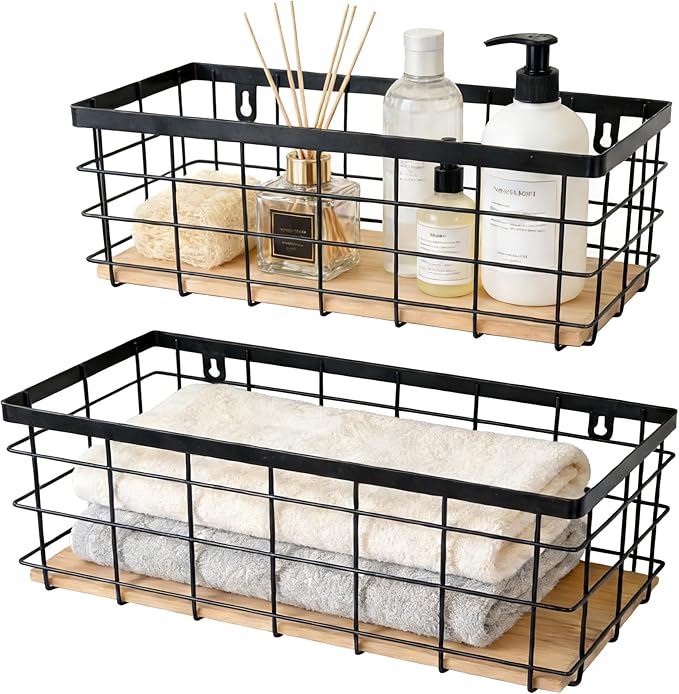 ShabbyDecor Metal Wire Basket Detachable Wood Base Storage Organizer Farmhouse Hanging Basket for Kitchen Cabinets, Bathroom, Pantry, Laundry Room Set of 2,Black Color
