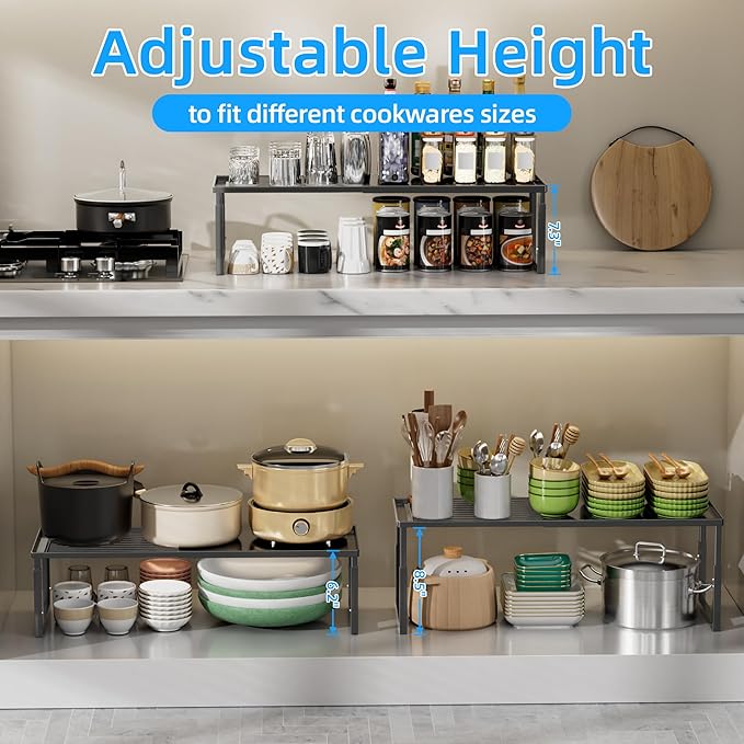 Shelf Organizer Stackable 2 Pack: Expandable (15.8"-25.5") Spice Rack Height Adjustable(6.2"/7.3"/8.5") Kitchen Organizer Countertop Metal Shelves for Pantry Storage Black