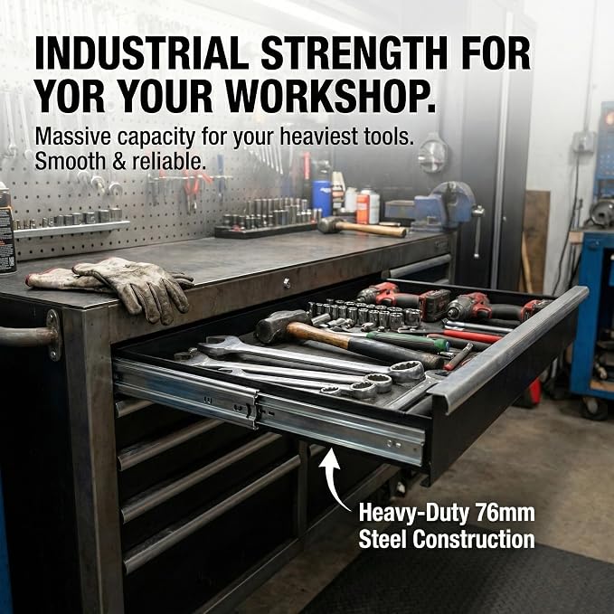 Heavy Duty 28" Drawer Slides, Full Extension Ball Bearing, 500LB Capacity | 76MM Width, 3-Section Design, Industrial Grade Steel, Smooth & Quiet Operation, for Workshop, Garage, Kitchen Cabinets