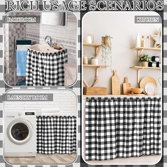 Cabinet Curtains 51 x 28 Inch Black and White Sink Skirt for Bathroom Kitchen Home Diamond Stitch Self Stick Adhesive Waterproof Fabric Farmhouse Rustic Drape Under Desk Privacy Drape Laundry Room