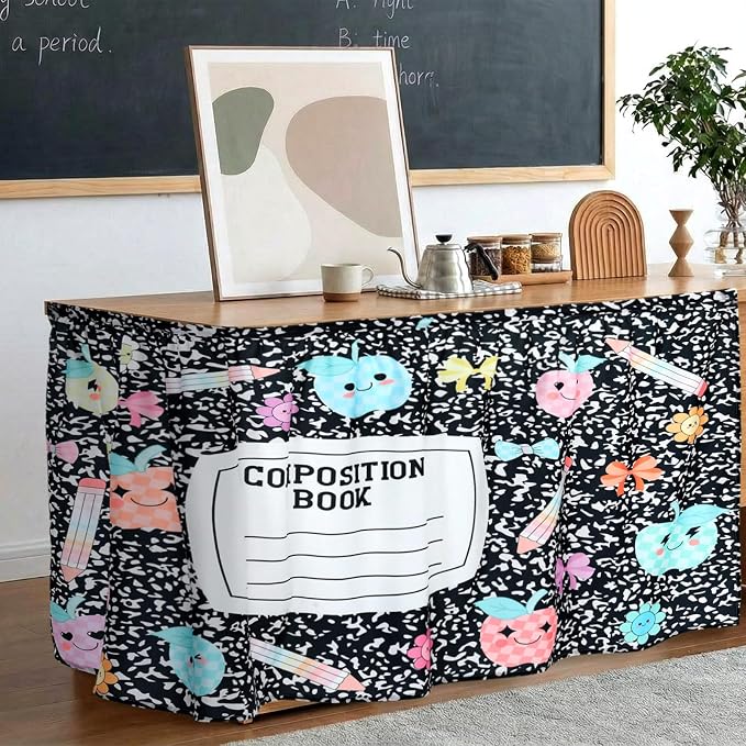 VitalCozy Composition Notebook Table Skirt for Classroom Teacher 28" W x 51" L Desk Skirts Teacher Appreciation Week Back to School Gifts for Kindergarten Classroom Office Bookcase Decoration
