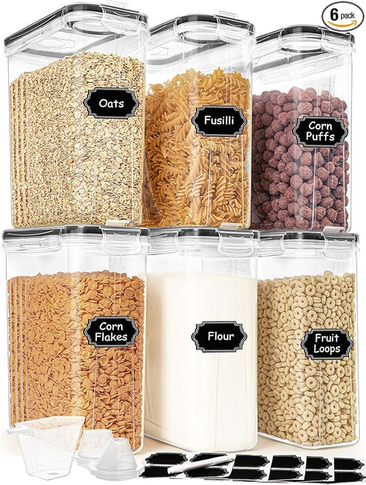 HKJ Chef Cereal Containers Storage Set (4L / 135.2oz), 6PCS Airtight Food Storage Containers with Lids, Cereal Dispensers for kitchen Pantry Organizers and Storage with Pour Spout, 20 Labels, Marker
