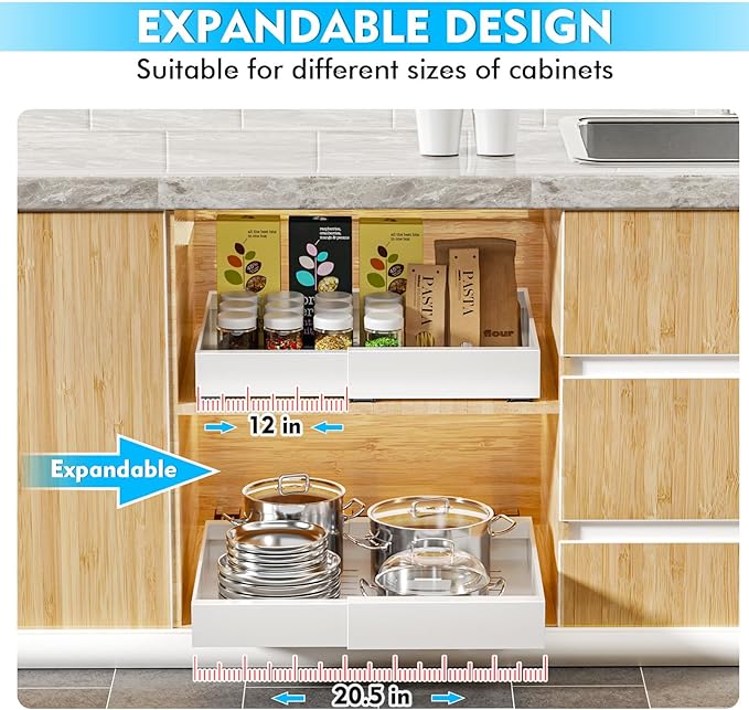 YFXCVSL Pull Out Cabinet Organizer, Expandable(12.6''-20.5'') Heavy Duty Drawers Organization, Slide Out Cabinet Organizers with Adhesive Nano Film for Kitchen Cabinet Organization (Black), 1610Black