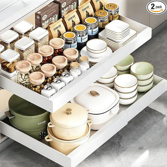 2PCS Expandable Pull Out Cabinet Organizer pots and pans organizer under cabinet Upgrade 3 Slide Rails Slide Out Drawers Roll Out Shelves Adhesive (white, (2pcs) 20.5“D*12.6"~19.7" W*2.76H)