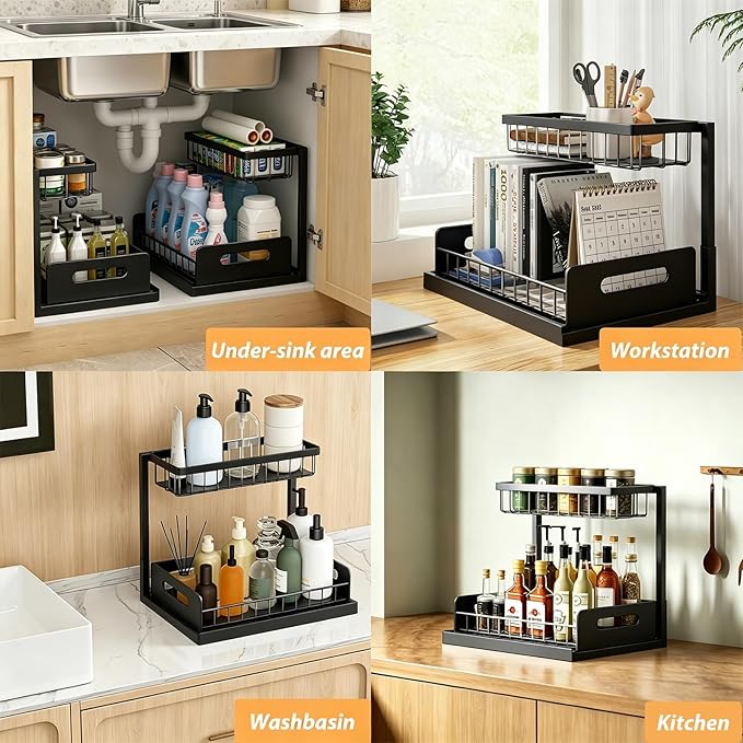 Upgraded Under Sink Organizer, 2 Tier Pull Out Kitchen Cabinet Organizer Metal Slide Out Bathroom Organizers and Storage Makeup Drawer Organizer for Office Bedroom Restroom Livingroom