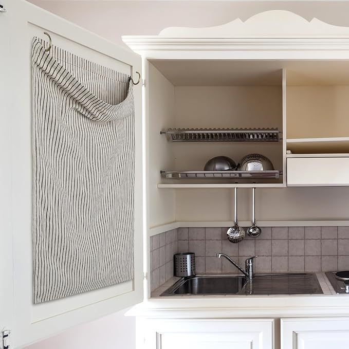 Reusable Dirty Rag Storage Bag Linen Dish Towel Cloth Bag Dish Rag Holder Natural Cotton Vintage for Under Sink Cabinet Door Organizer Laundry Bathroom Storage(Ecru,Vertical Stripes)