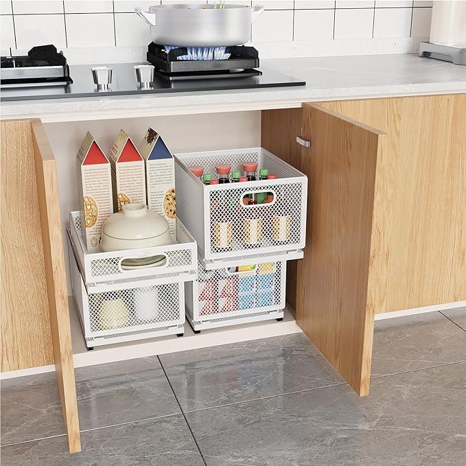 Pull out Cabinet Rack Organizers, No-Drill Slide Organizer Under Sink Organizer, Strong & Sturdy Expandable Cabinet Drawers, For Kitchen, Bathroom, Pantry(E,11.8*9.4*6.1inch/30*24*15.5cm)