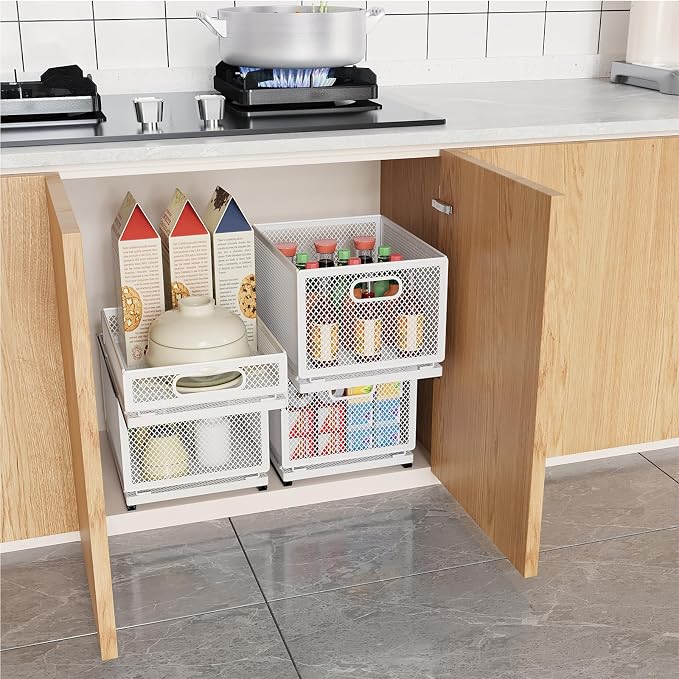 Pull Out Cabinet Organizer, Slide Out Drawers Fixed with Adhesive Nano Film, Pantry Shelves Sliding Drawer Storage Organization for Kitchen (Double Layer 11.8 * 9.4 * 12.3inch/30 * 24 * 31.2cm)