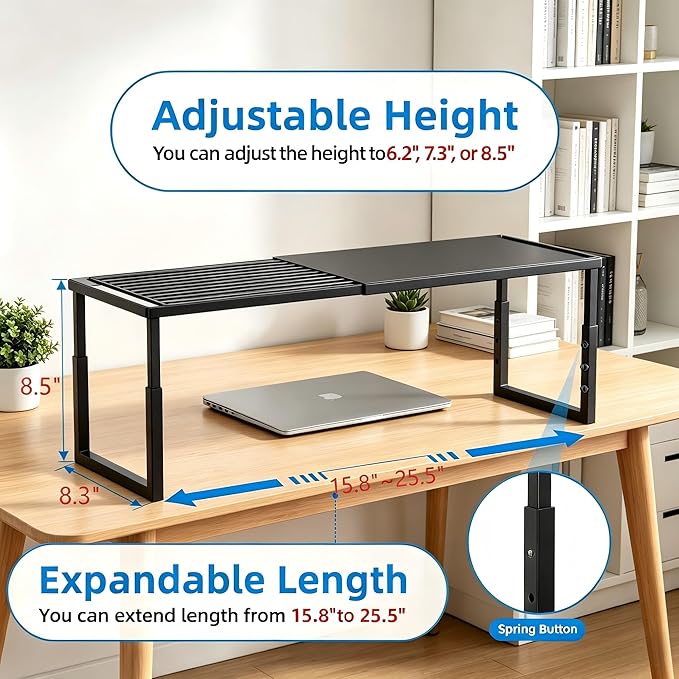 Shelf Organizer Stackable 2 Pack: Expandable (15.8"-25.5") Spice Rack Height Adjustable(6.2"/7.3"/8.5") Kitchen Organizer Countertop Metal Shelves for Pantry Storage Black
