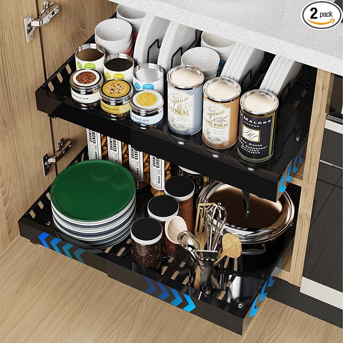 2 Pack Expandable Pull Out Cabinet Organizer Adhesive, 21" Deep Slide Out Drawers for Kitchen Cabinets,With 8pcs Divider Racks For Kitchen Pantry Organization Adjustable Width 12.6"-20.9"