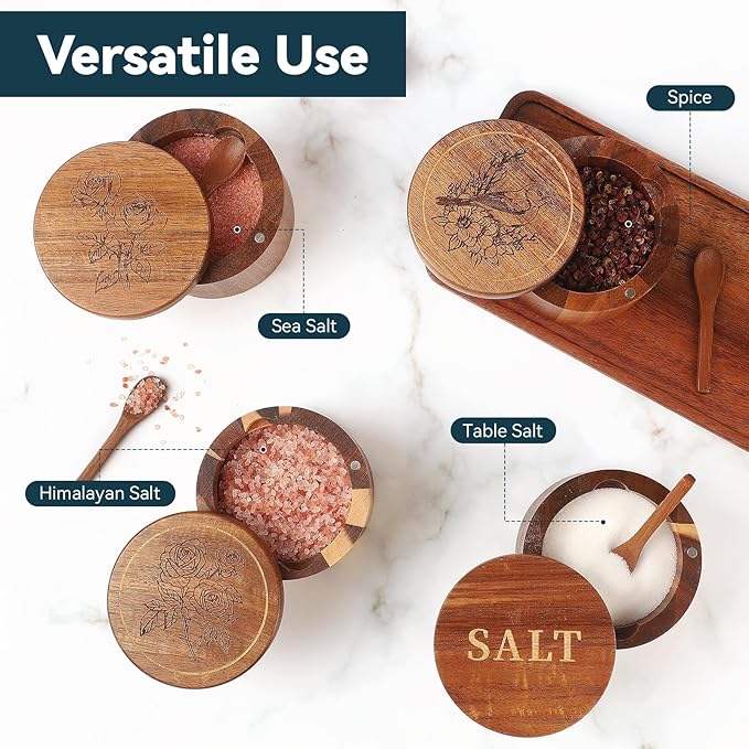 Timtopno Salt Cellar, 2PCS Salt Container Acacia Wood Salt and Pepper Box for Countertop with Built-in Spoon & Swivel Lid, Wood Salt Holder Bowl for Kitchen, Seasoning Storage (Rose & Bird Engraving)