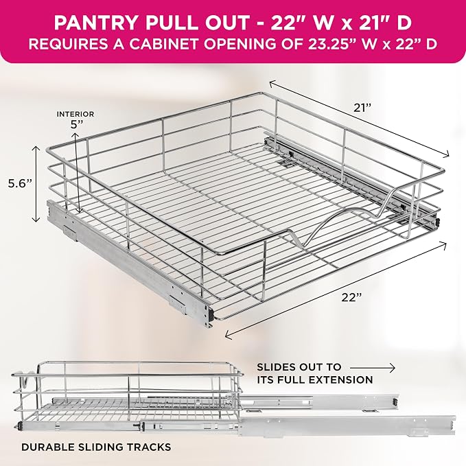 HOLDN’ STORAGE Pull Out Cabinet Organizer, Slide Out Drawer for Kitchen Cabinets & Pantry, Roll Out Shelf for Pots, Pans & Under Sink Storage, Heavy-Duty Full-Extension, 22"W x 21"D x 5"H