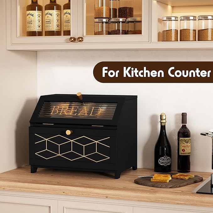 HOLTICO Double Layer Bread Box With Golden Trim for Countertop, Wooden Bread Container for Kitchen Counter, Corner Bread Storage (Black1)