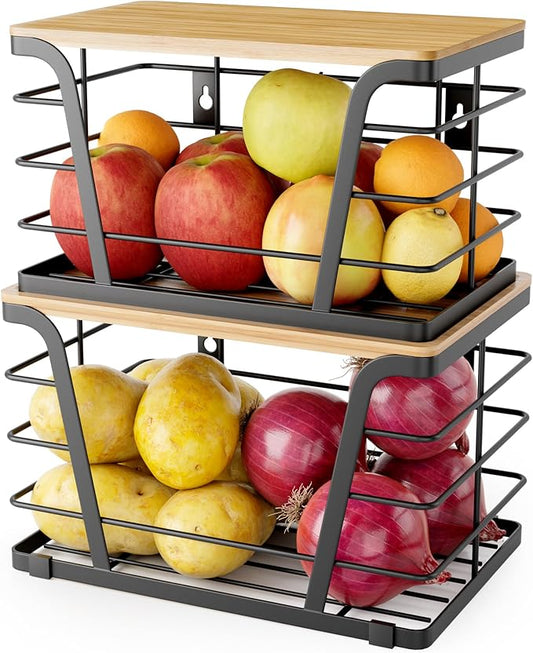 TIDIIABODE 2 Pack Extra Large Pantry Storage Organizers, Pantry Baskets organization, Potato and Onion Storage Bin, Wall Mount Trash Bag Storage for 13-33 Gallon Bags with Bamboo Top, Black