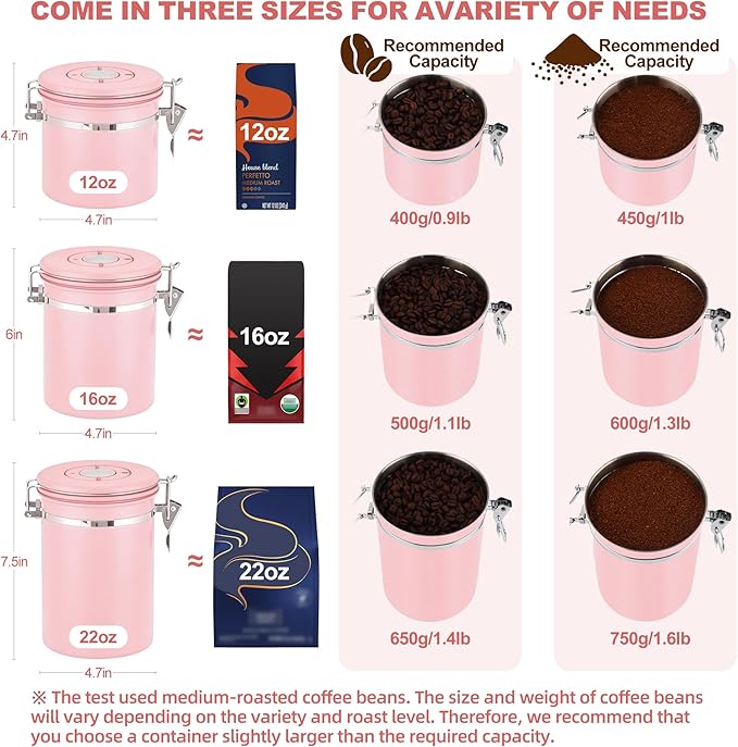 ShanSon Coffee Canister Airtight, Stainless Steel Bean Storage Container with Date Tracker & Scoop, Grounds Sugar Flour Tea Cereal Fits Kitchen Pantry, Ideal Gift for Coffee Lovers,16oz, Pink